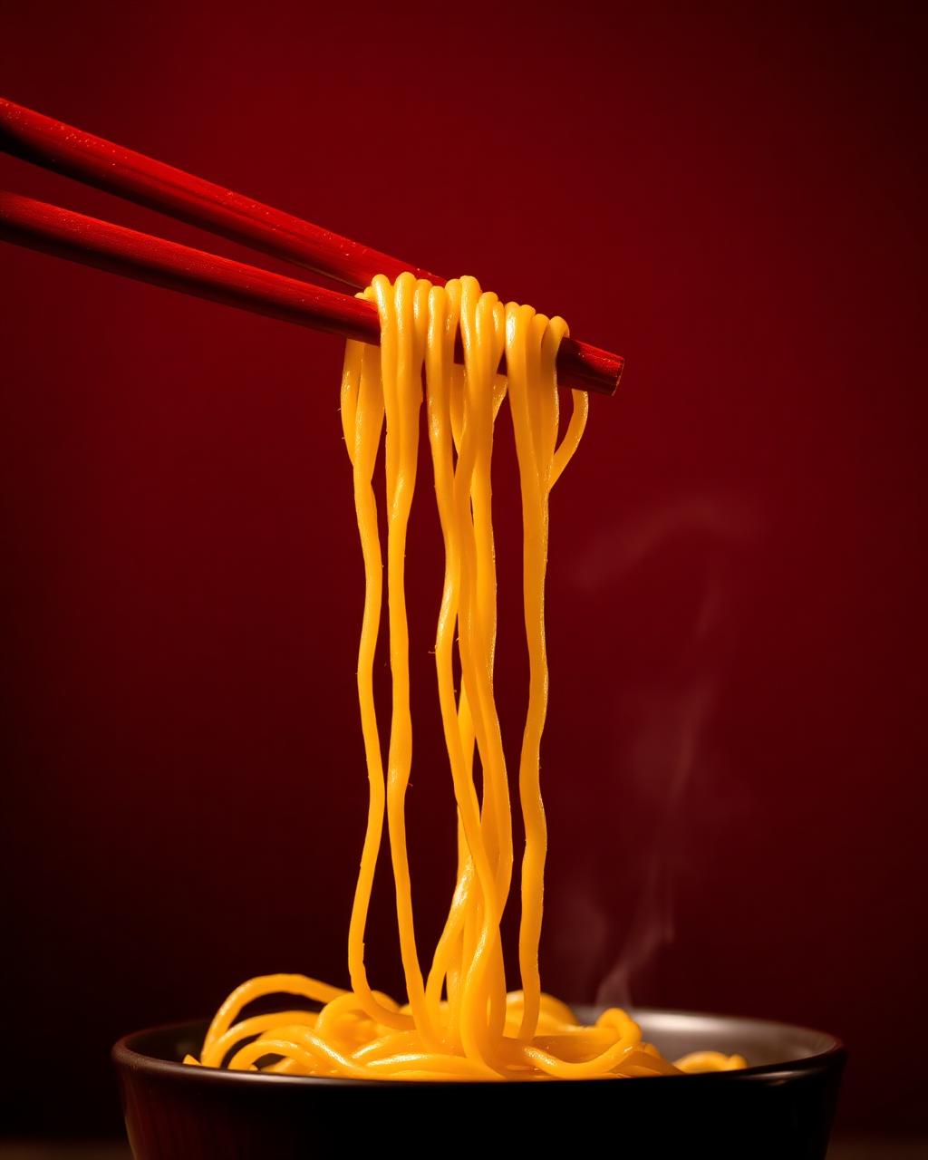Red chopsticks lifting golden noodles