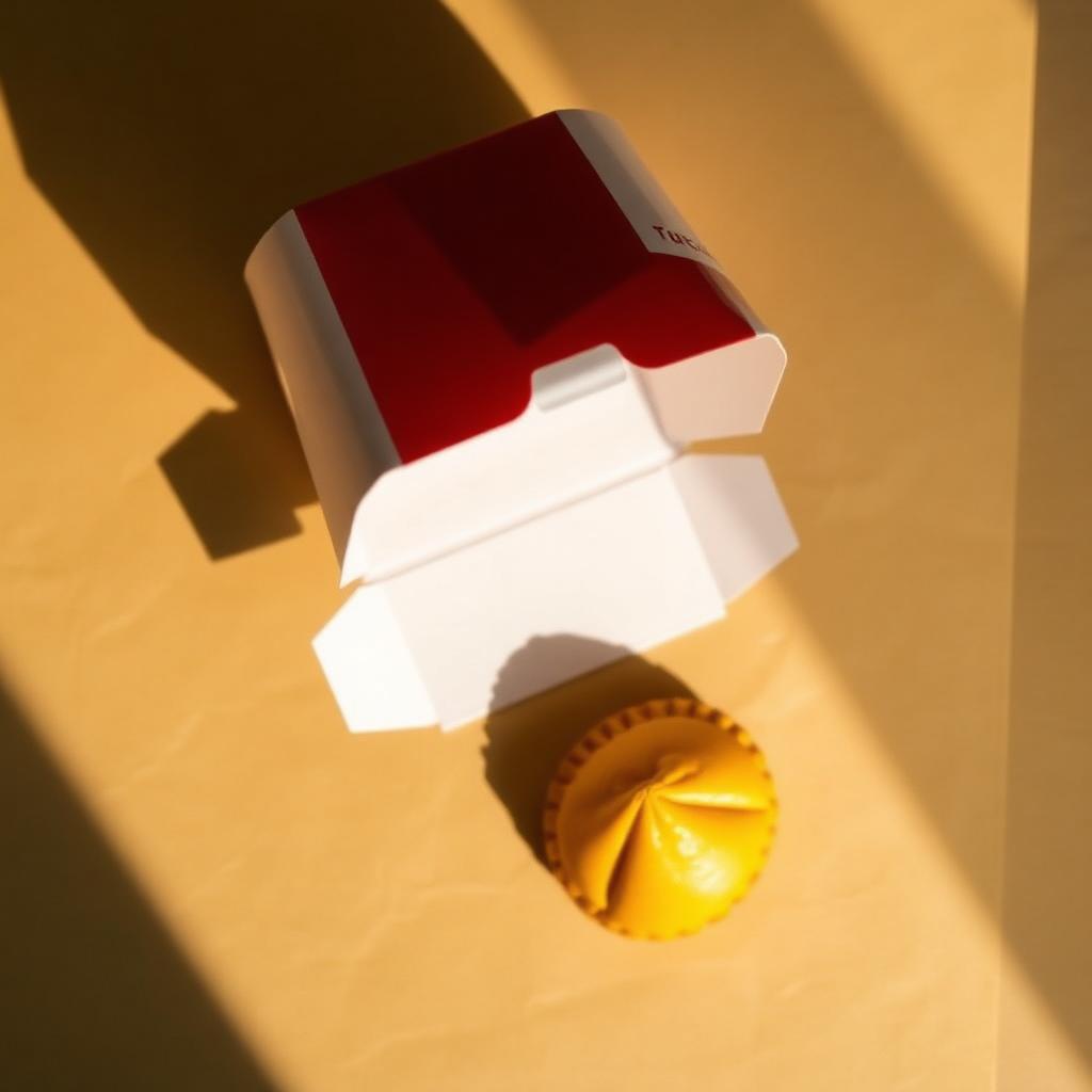 A fortune cookie next to a takeout container